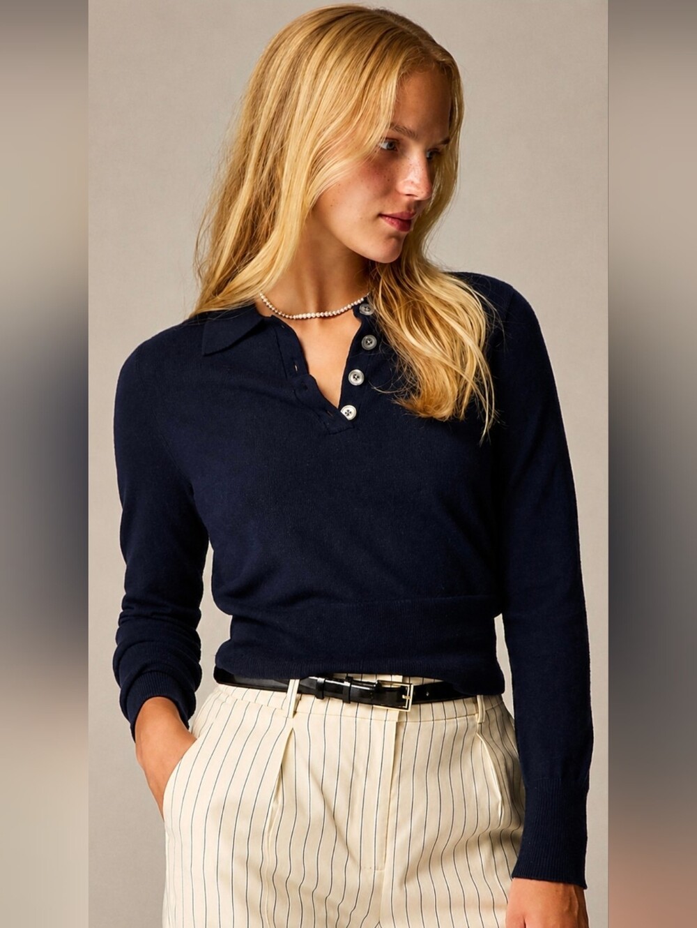 J CREW Featherweight cashmere-blend long-sleeve polo shirt In Navy Sz Medium